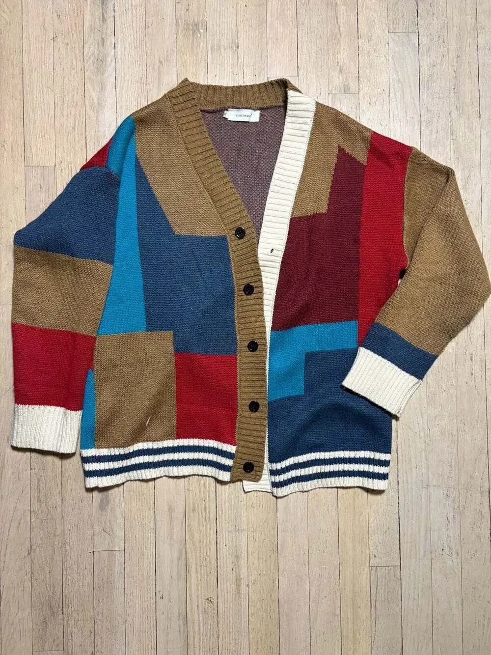 Gurunvani Men's Patchwork Knit Button-Down Cardigan Sweater